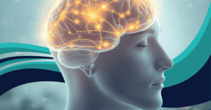 Illustration of a glowing brain with soft golden neural connections, symbolizing neuroplasticity and emotional healing in a calm, nature-inspired background.