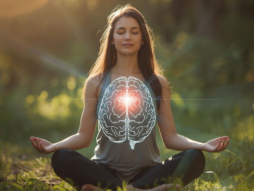 Calm woman meditating outdoors with glowing neural connections between her brain and heart, symbolizing mindfulness and emotional healing.