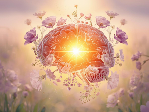 Glowing brain surrounded by blooming flowers, representing calm, emotional growth, and inner healing.