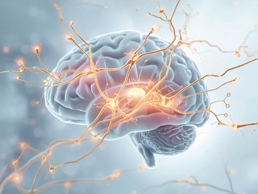 Visual of brain neurons forming new golden connections to show neuroplasticity and brain rewiring in soft pastel blue tones.