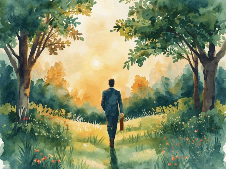 Calm illustration of a professional walking in nature with a soft sunrise, symbolizing renewal, long-term balance, and personal growth