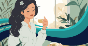 Professional woman taking a mindful break surrounded by plants and sunlight, representing holistic burnout recovery.