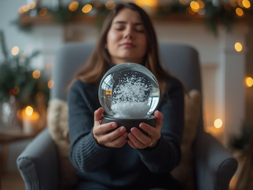 Person holding a snow globe with swirling snow inside, sitting peacefully in a cozy holiday setting, symbolizing nervous system regulation, calm, and stress relief during the holidays.